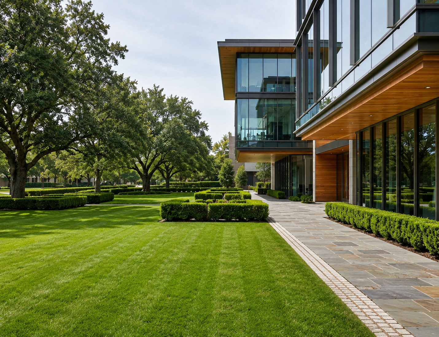 Commercial building with manicured lawn and landscaping