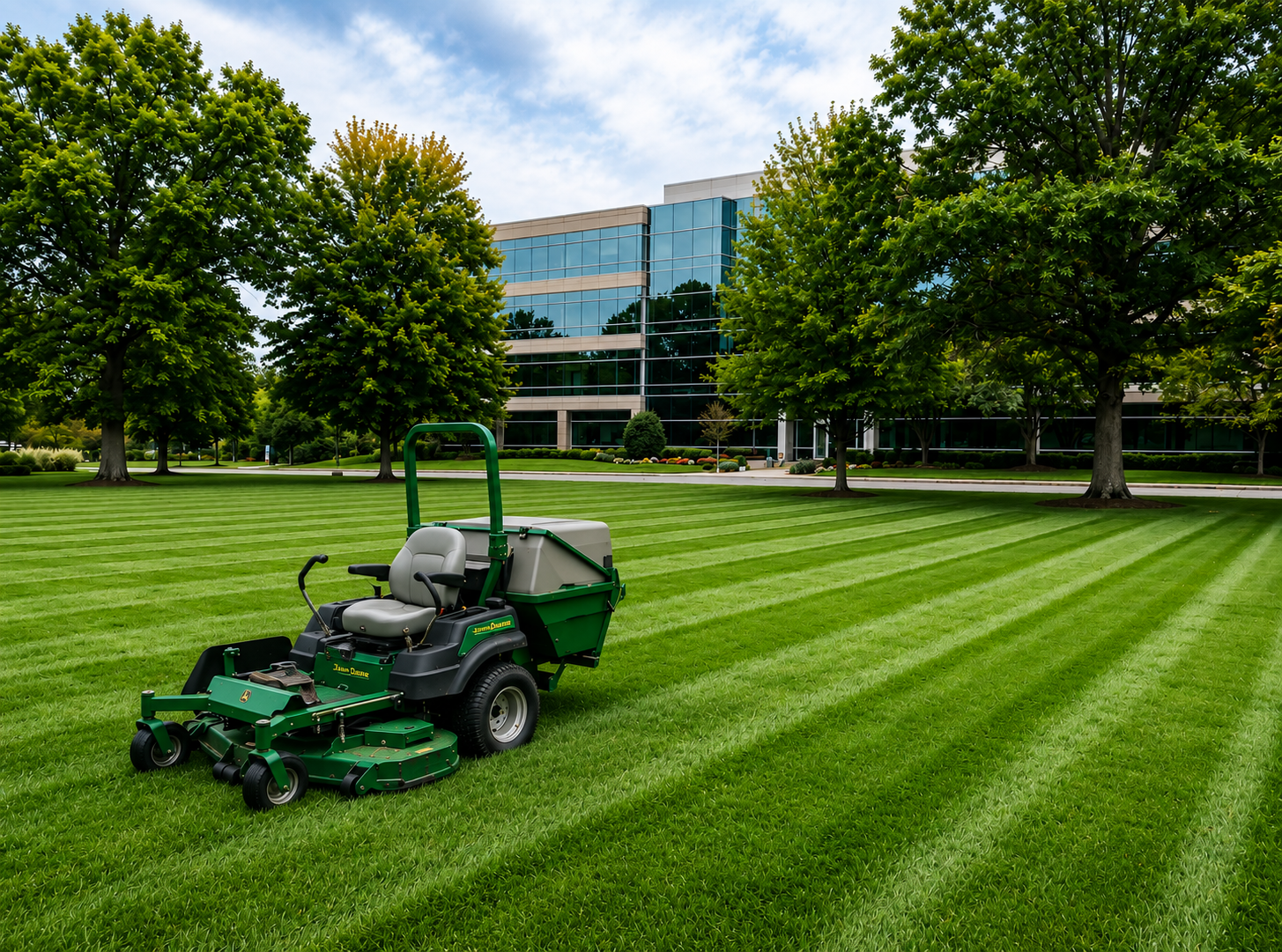 Operator on a ride-on mower cutting striped commercial lawn
