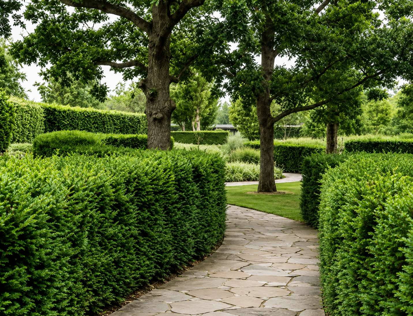 Neatly trimmed hedges along a paved path